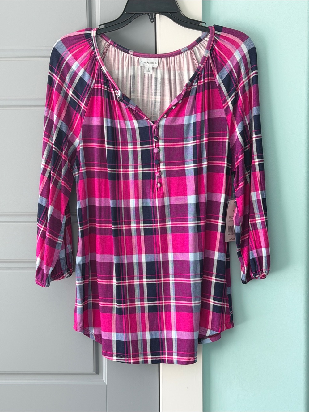 Kim Rogers Pink Plaid Button Henley Blouse
